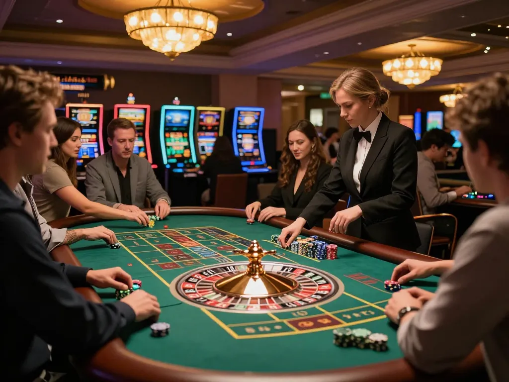 MM88 players betting on roulette table with vibrant atmosphere and professional croupier managing gameplay