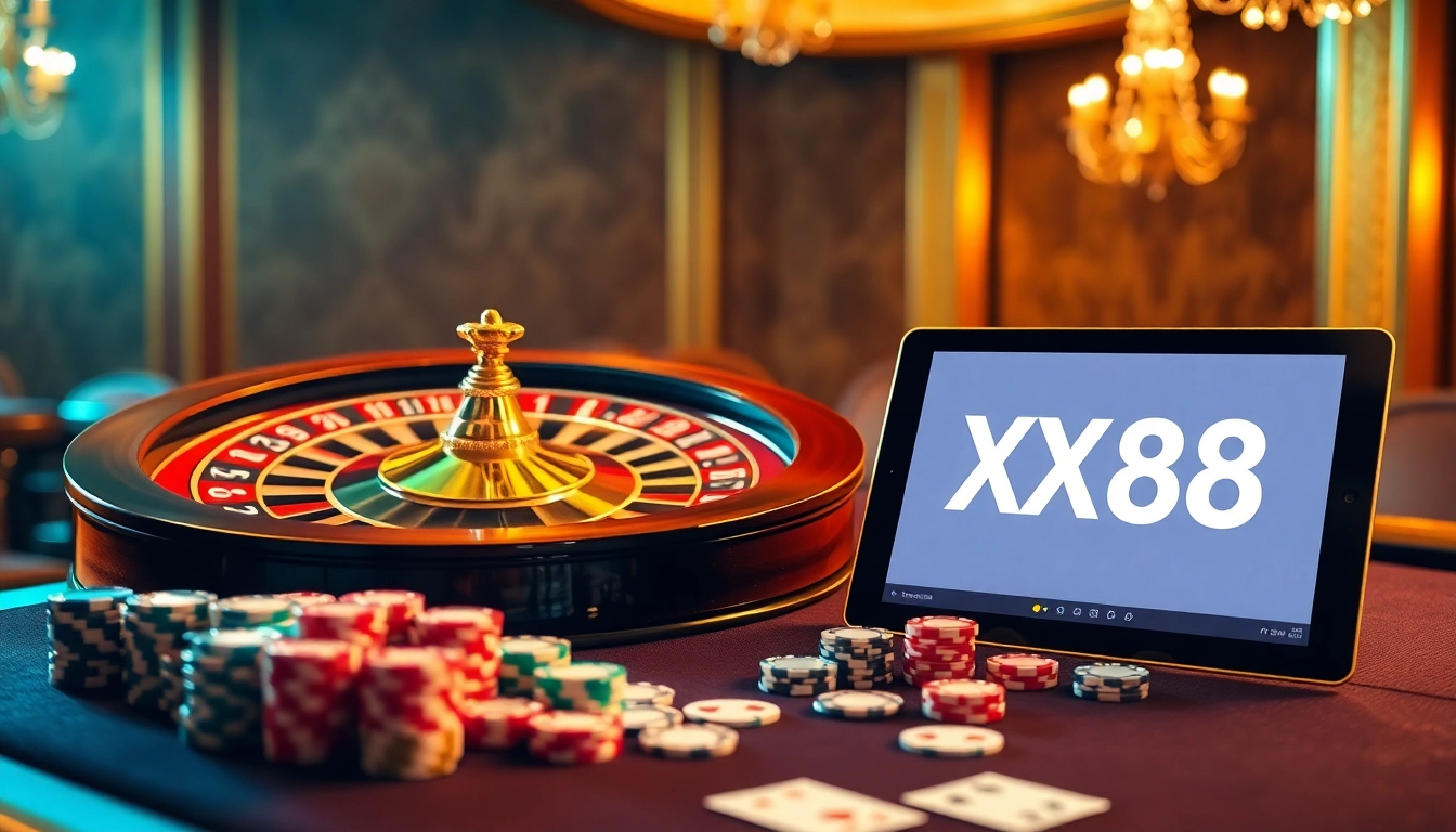 Experience the thrill of gambling at XX88 with a luxurious casino scene featuring poker chips and cards.