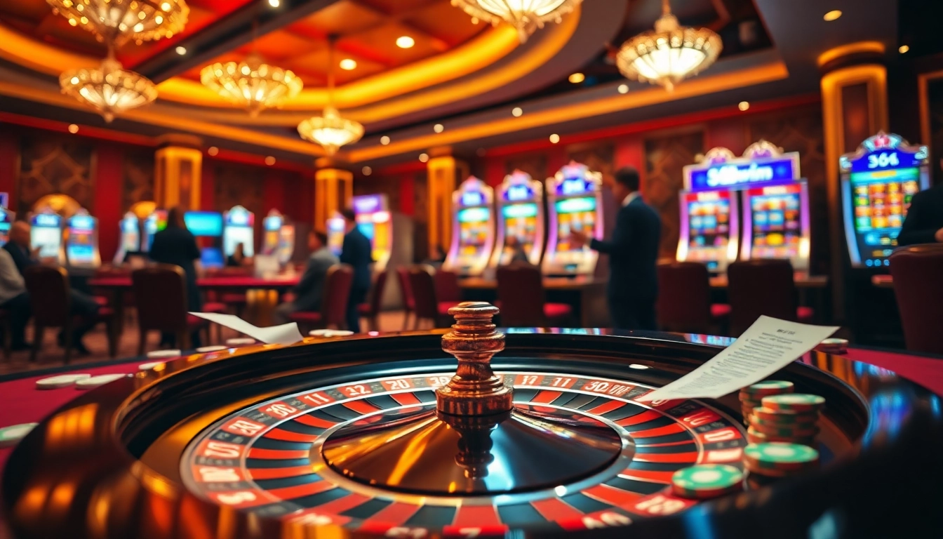 A dynamic casino scene showcasing 58win's thrilling gaming experience with roulette and poker.
