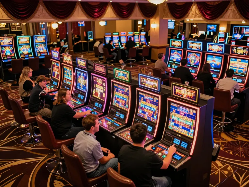 Excited players engaging with vibrant slot machines at https://www.mnm88.com/ casino floor, showcasing dynamic gameplay and thrilling atmosphere.