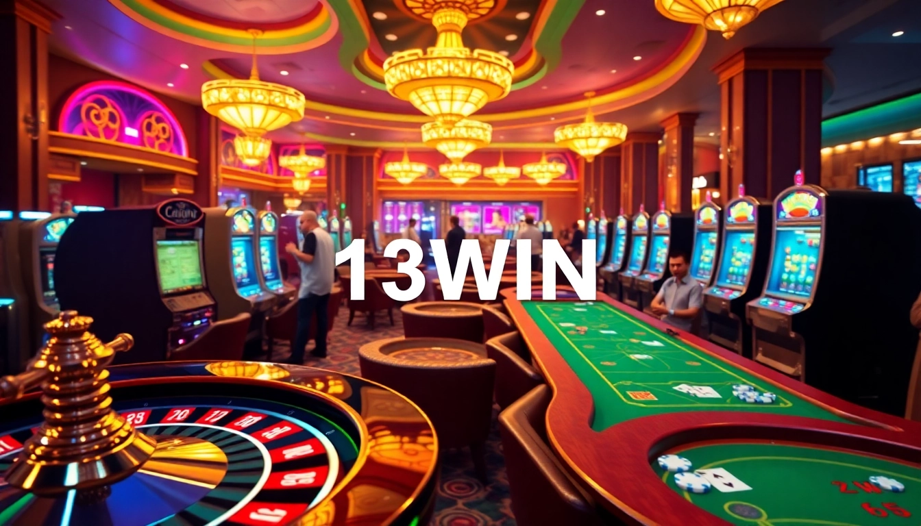 Experience the thrill at 13WIN as players engage in exciting casino games with vibrant slot machines and poker tables.