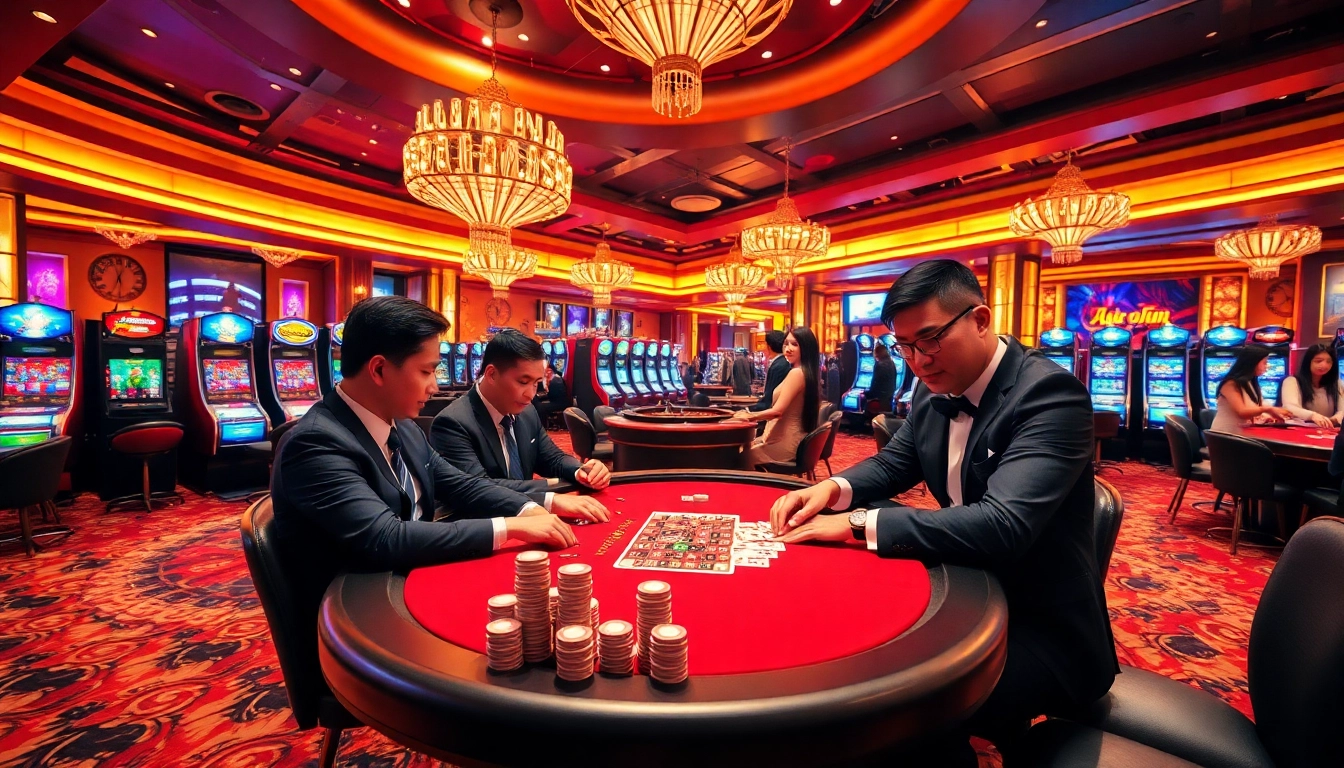 Exciting gambling scene at 68win with players at the poker table and vibrant slot machines.