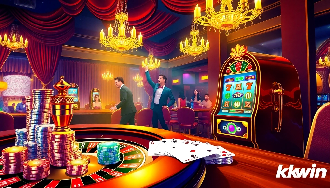 Engaged players enjoying games at kkwin casino with vibrant slot machines and roulette.
