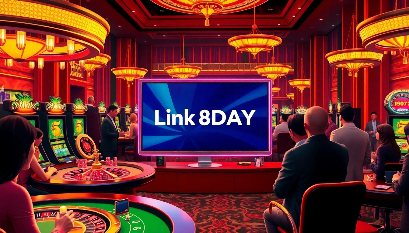 Exciting online gambling action showcasing Link 8DAY with vibrant casino elements like poker chips and slot machines.