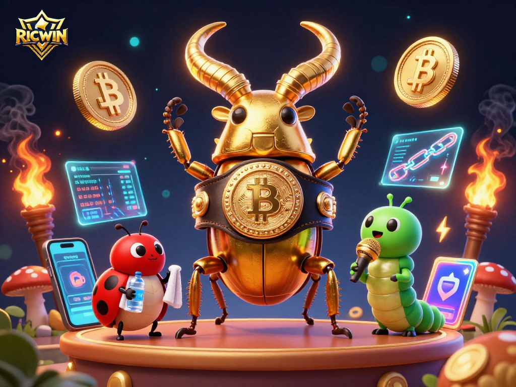 RICWIN showcases an energetic crypto casino scene with a giant stag beetle champion and vibrant coins.