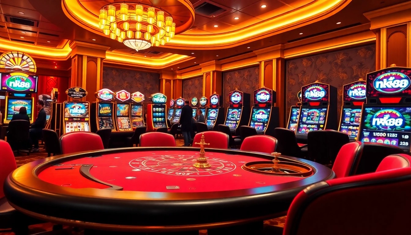 Experience the thrill of nk88 with players enjoying poker and vibrant slot machines in a luxurious casino.