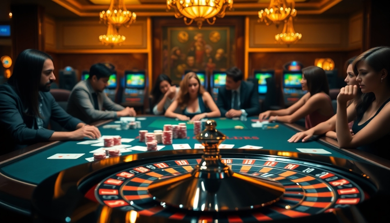Engaged players enjoying a vibrant casino experience at https://lc88app.com/ with poker chips and roulette wheel.
