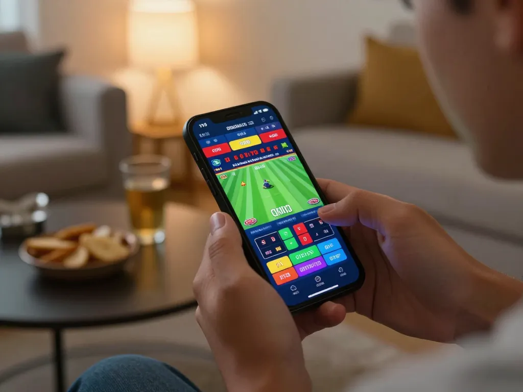 Mobile sports betting excitement at https://max88sss.com/ with vibrant phone interface and casual home setting.