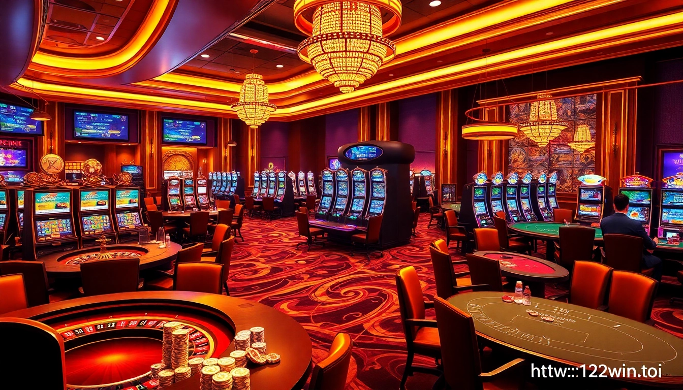Engage in thrilling gambling action at https://123win.to/ with players at tables and vibrant slot machines.