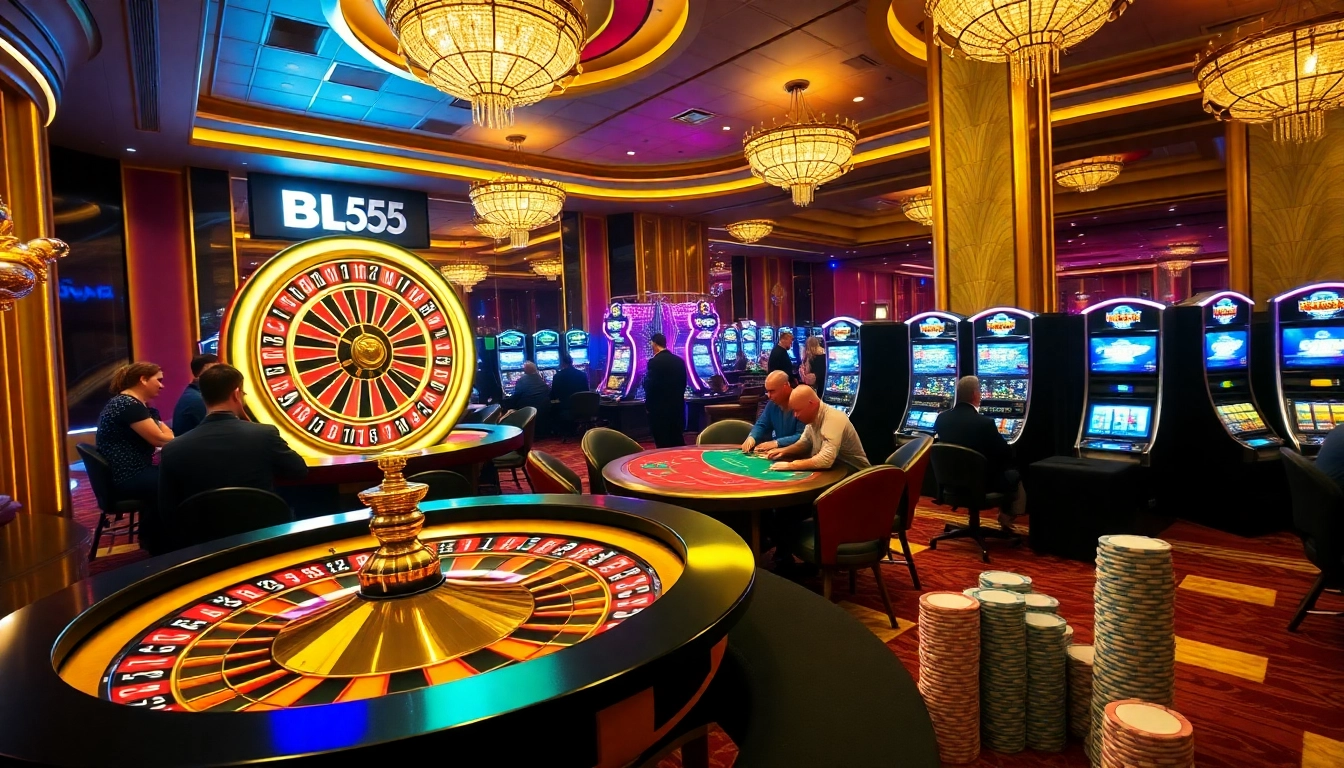 Gamblers enjoying a thrilling game at BL555 casino with exciting table games and slot machines.