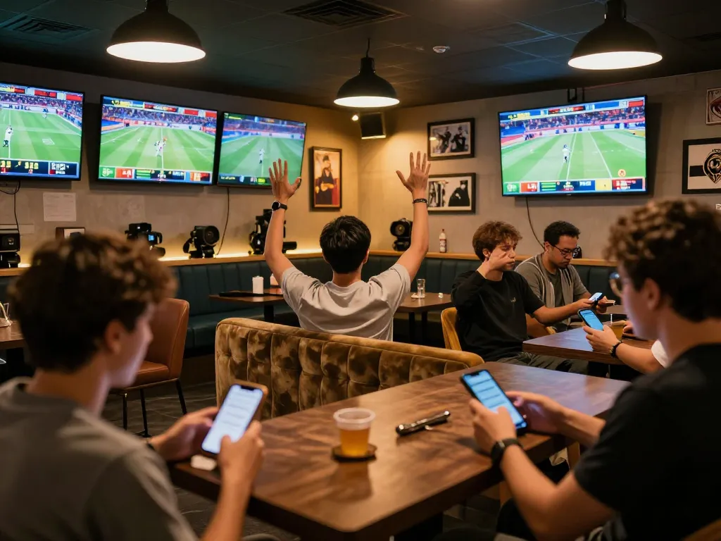 Engaged fans betting on live sports at https://mm88.fun/ in a vibrant lounge atmosphere.