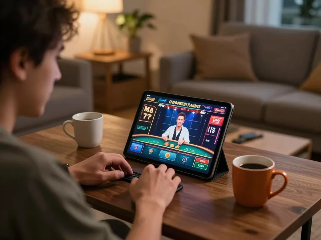 Engaging in TR88 online gambling on tablet in a cozy home setting, showcasing responsible gaming