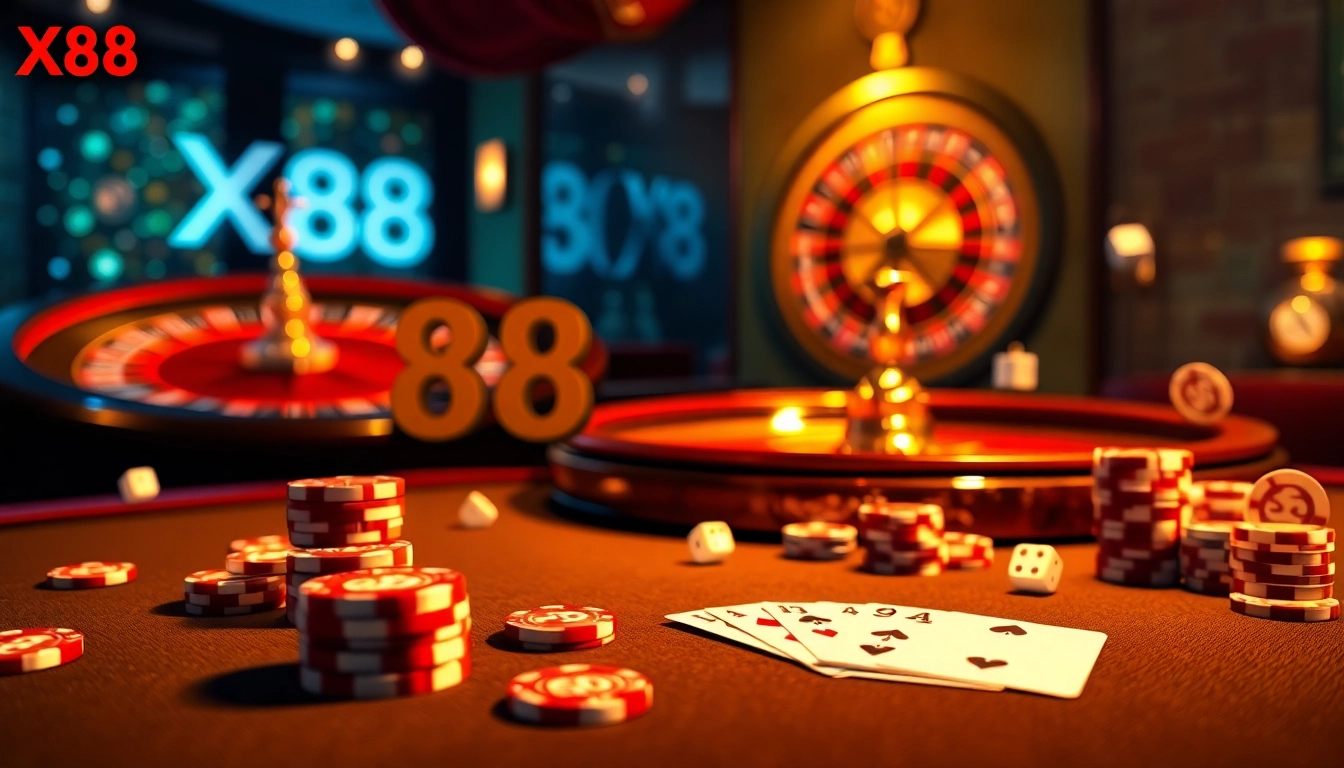 X88 casino scene with poker table, roulette wheel, and vibrant chips in luxury setting.