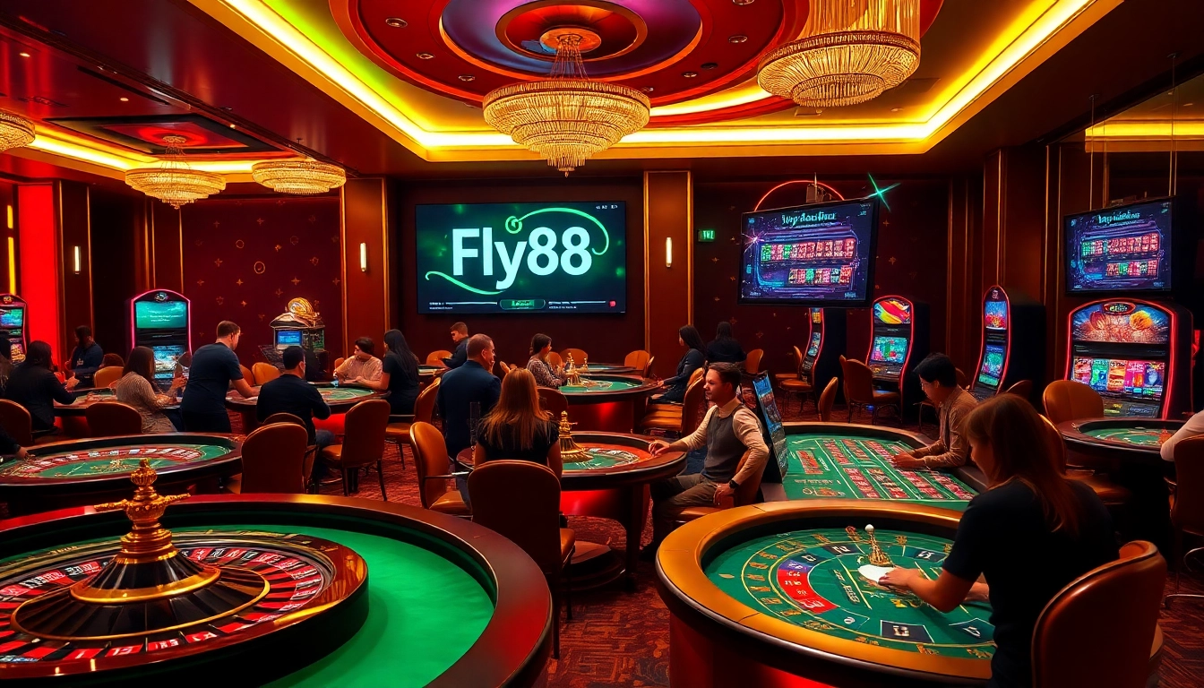 Players enjoying an exciting game night at Fly88 Casino with vibrant poker tables and slot machines.