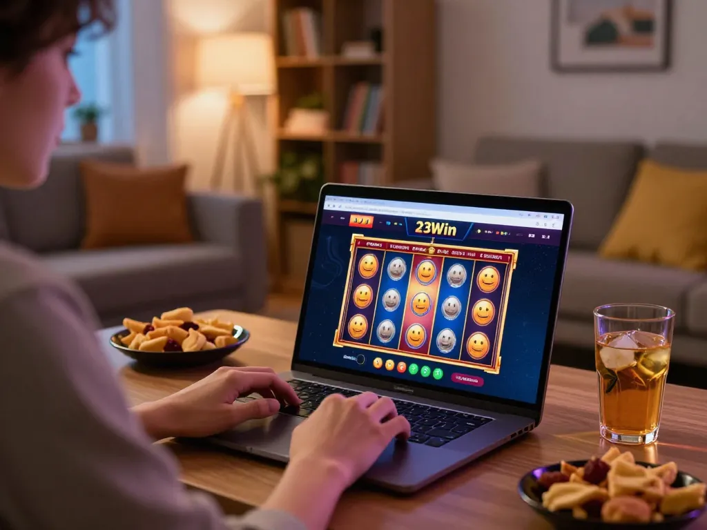 Engaging online gaming with 23Win displayed on laptop in a cozy setting, highlighting a vibrant casino experience.