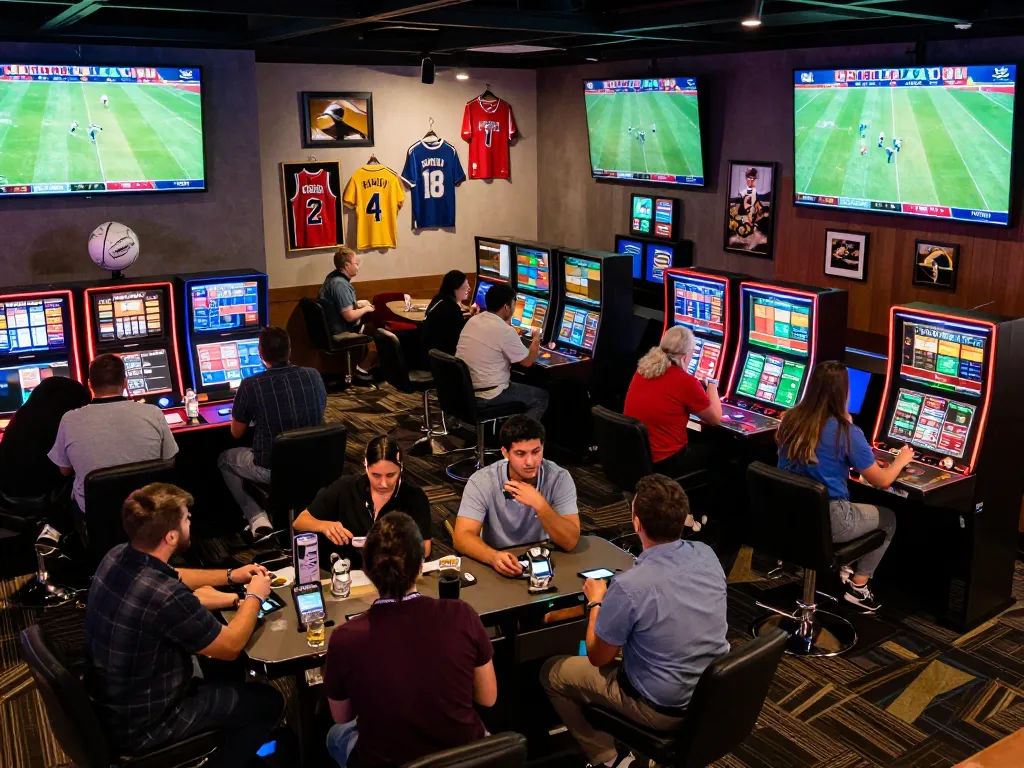 Watch บอล ออนไลน์ in an exciting sports betting lounge with fans cheering for their teams.