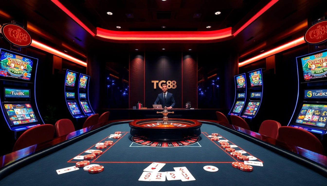 Experience thrilling casino gameplay at tg88, highlighting poker chips and roulette wheels.
