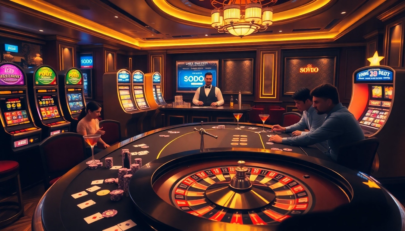Engage in thrilling games at SODO Casino, featuring vibrant slots and an elegant poker table.