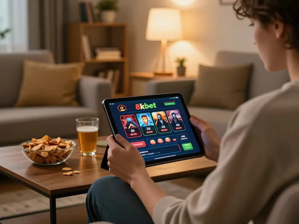Engaging in online gaming with the 8xbet casino app on a cozy home tablet setup.