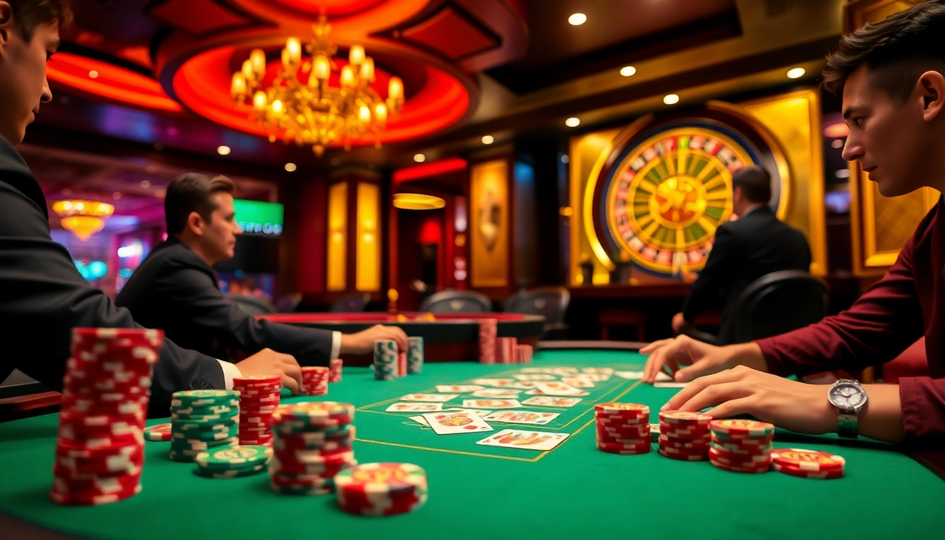 Players strategize at a vibrant poker table in a luxury casino, featuring dh88-themed chips and cards.
