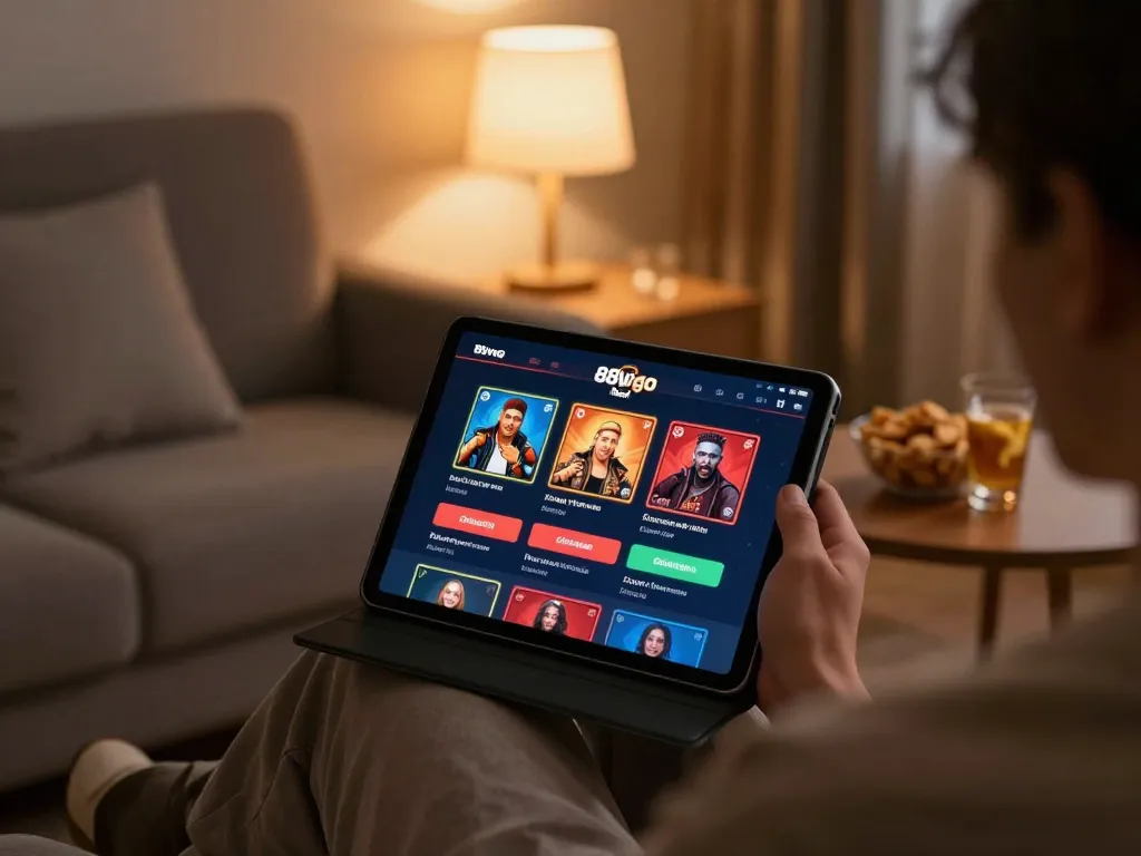 Engaging in online casino gaming with the 88vvgo app, cozy home setting.