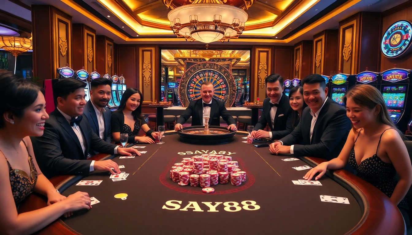 SAY88 gamers enjoying an exciting high-stakes poker night with colorful chips and cards.