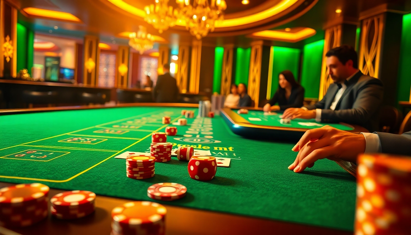 Luckywin tài xỉu table with vibrant chips and cards, evoking excitement in a luxurious casino.