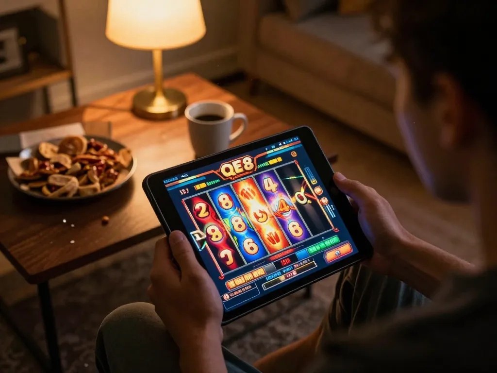 Player engaging with QE8 online slots on tablet, showcasing vibrant reels and cozy gaming setup.