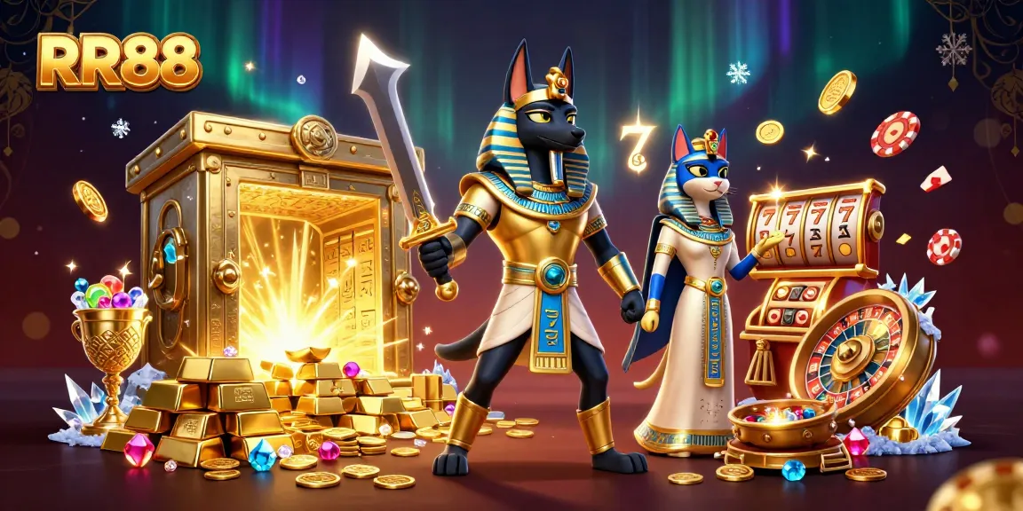 RR88 engages players with exciting animated slots and ancient treasure elements in a vibrant casino scene.