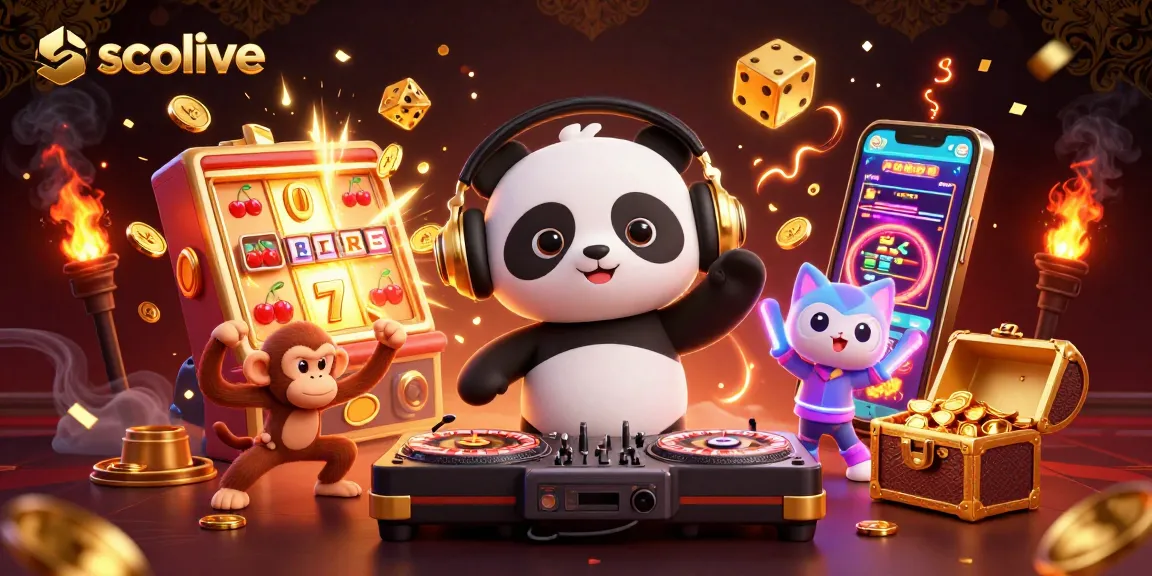 Socolive highlights vibrant gaming with a DJ panda and a breakdancing monkey amidst thrilling casino symbols.