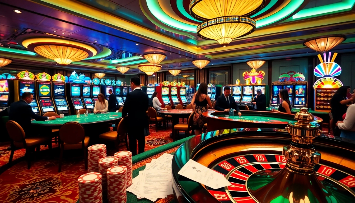Engaging scene of a luxurious casino showcasing nhà cái uy tín with players, poker chips, and roulette.