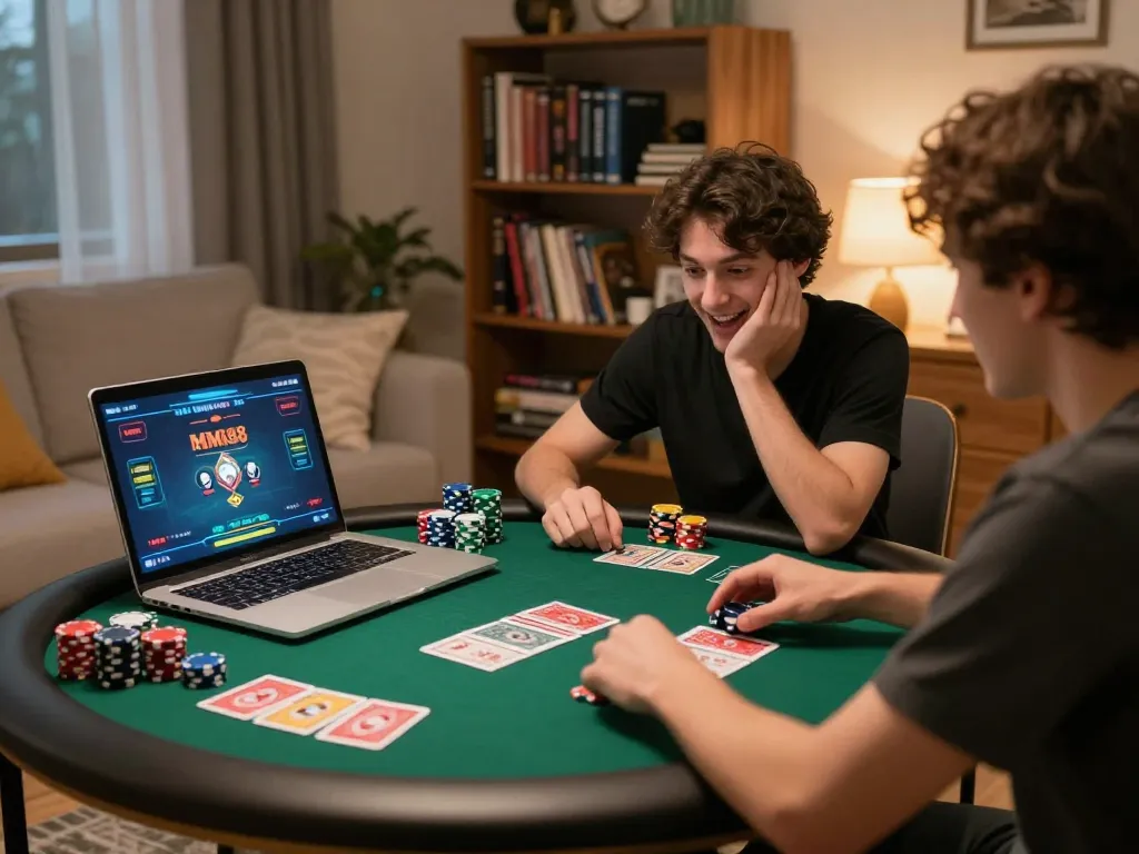 MM88 user enjoying a thrilling online poker game at home with focused expression and vibrant atmosphere.