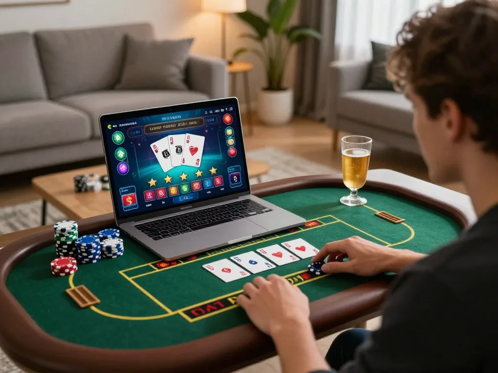 Player enjoying an engaging live dealer experience with 58win online casino from a cozy home setting.