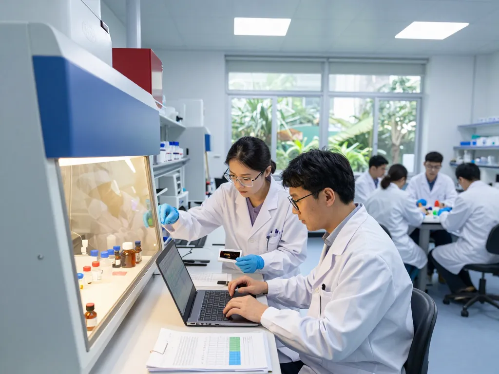 Researchers in a lab examining MB66 film for HIV and HSV solutions.