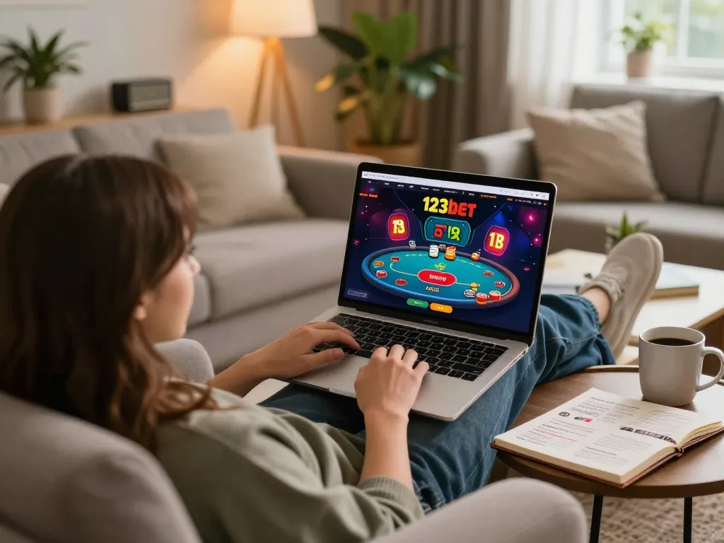 Engaging online gaming scene with a player using 123bet interface on a laptop.