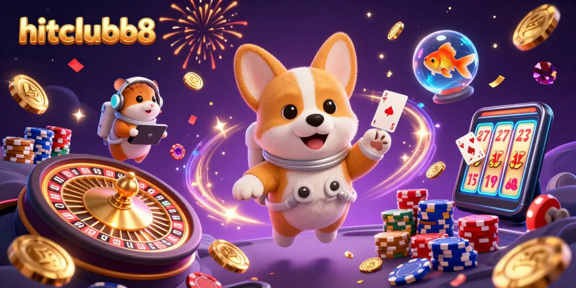Join the fun in hitclubb8's space casino with floating chips and a cheerful corgi!
