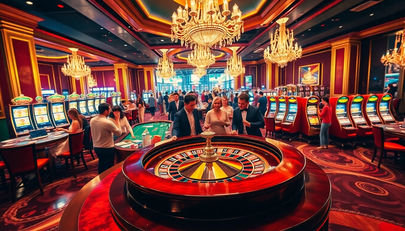 KJC RR88 casino gaming excitement with players at roulette and vibrant slot machines.