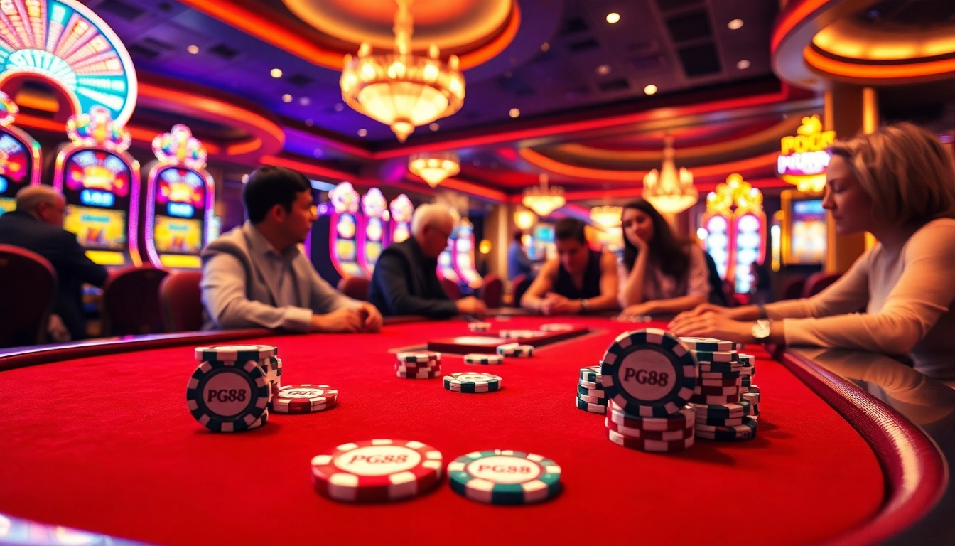 Players enjoying a thrilling game at PG88-branded poker table in a luxurious casino.