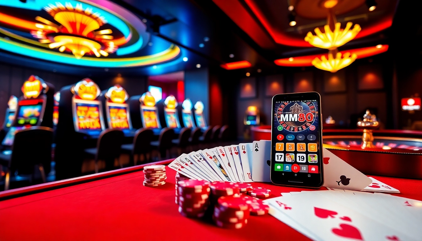 Engage with MM88 gaming excitement through a vibrant casino scene featuring tables and modern apps.
