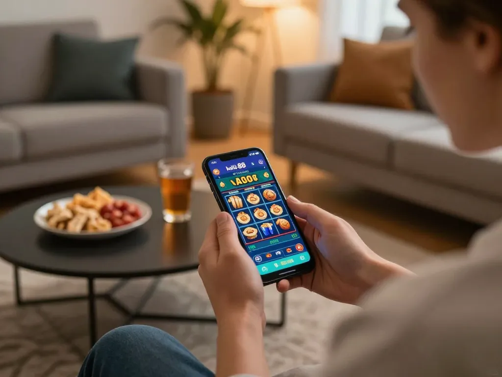 Engaging scene of online gaming with hello 88 app on smartphone, cozy home atmosphere enhancing player experience.