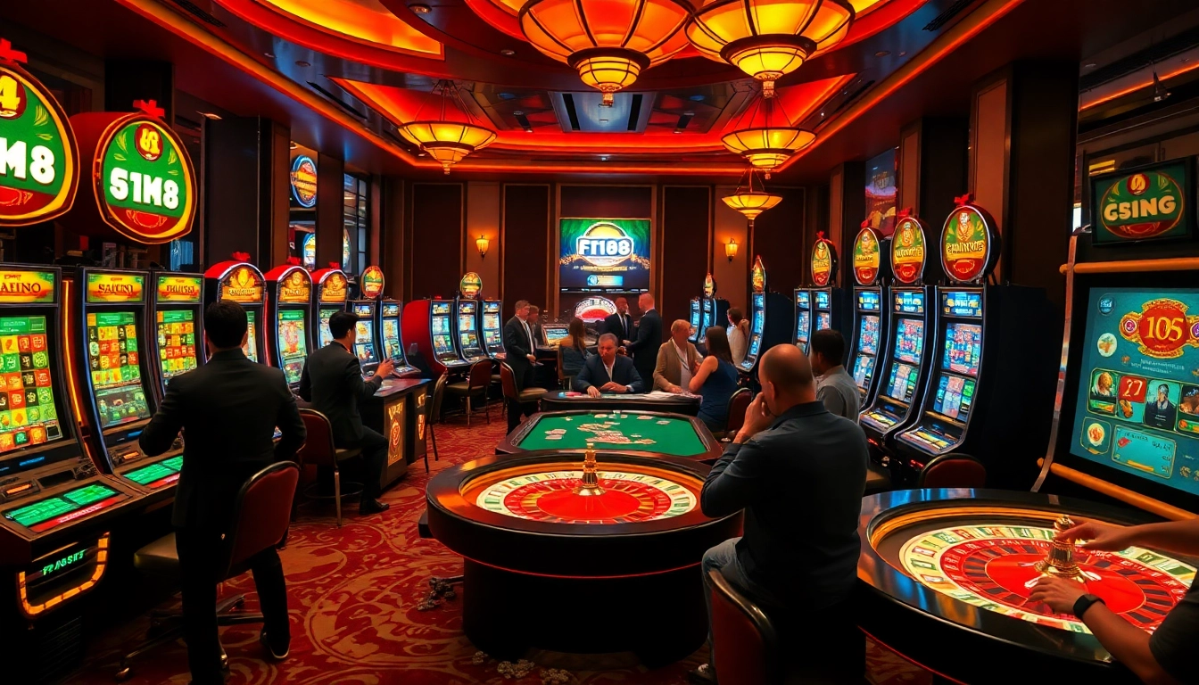 Players enjoy a thrilling gaming experience at F168 with slot machines and card games.