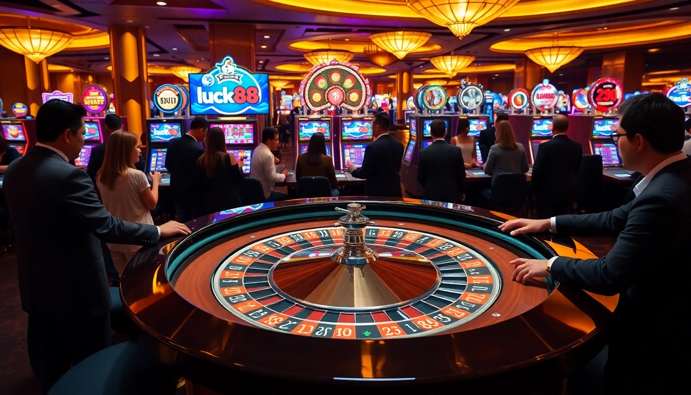 Experience the thrill of luck88 with vibrant slot machines and an elegant roulette table in a luxury casino.