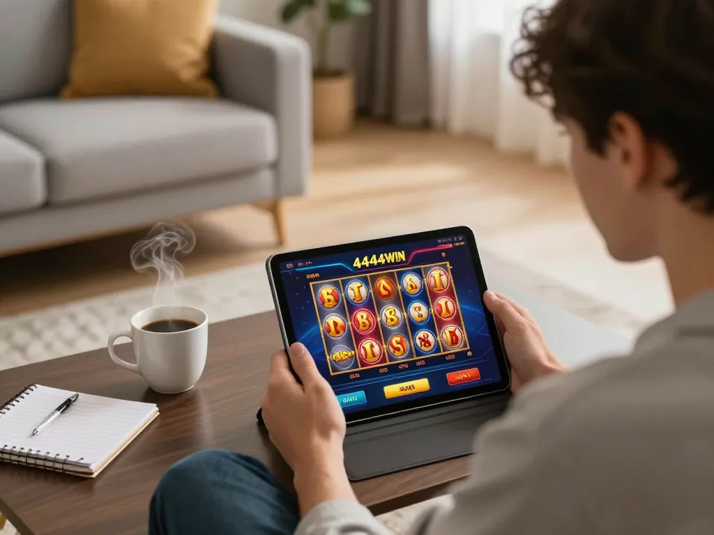 Engaging gameplay on the 4444WIN app in a cozy home setting, highlighting strategic online gambling.