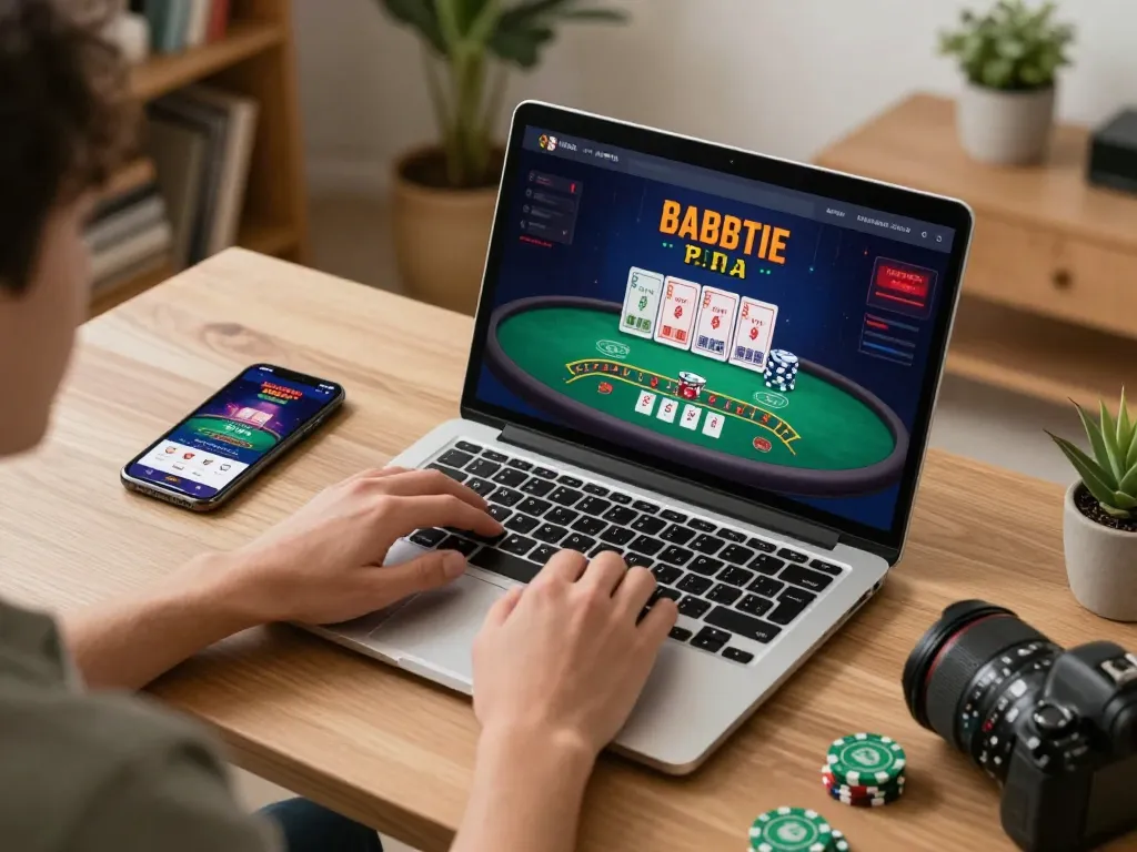 Situs Casino online experience with player engaged in blackjack game from home setup, showcasing gaming interface.