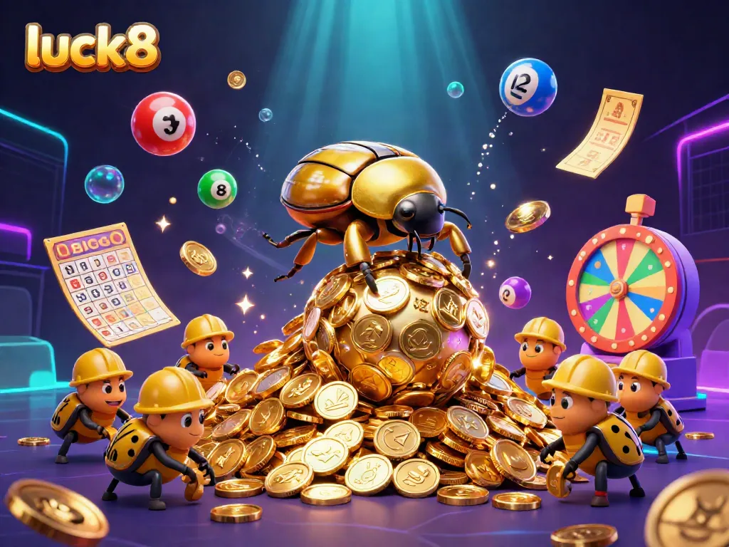 Experience jackpot excitement with luck8 in this vibrant, dynamic casino scene featuring golden elements and playful lottery themes.
