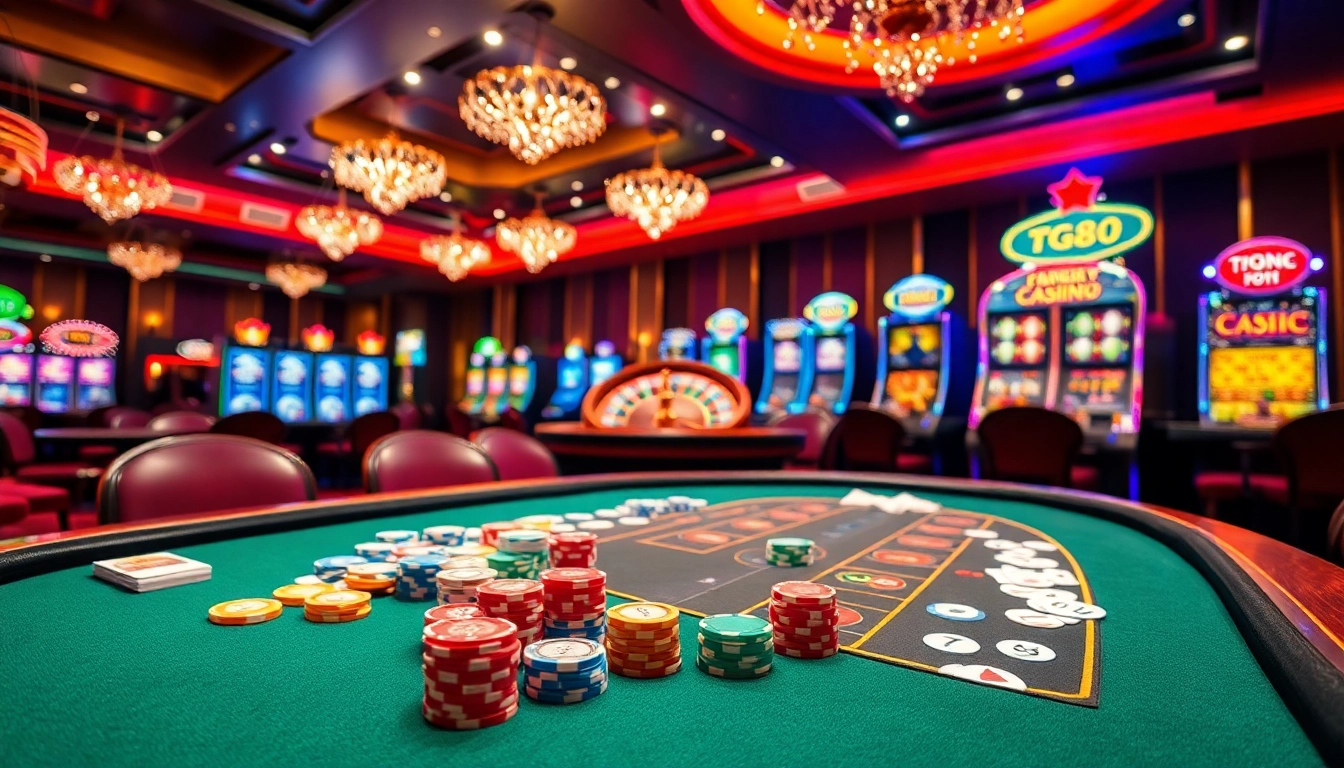TG88 gamblers celebrating a win at a vibrant casino with poker chips and cards.