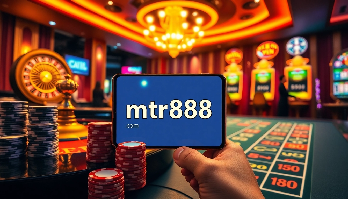 Engaging scene of casino gaming at https://mtr888.com/, featuring vibrant slot machines and poker chips.