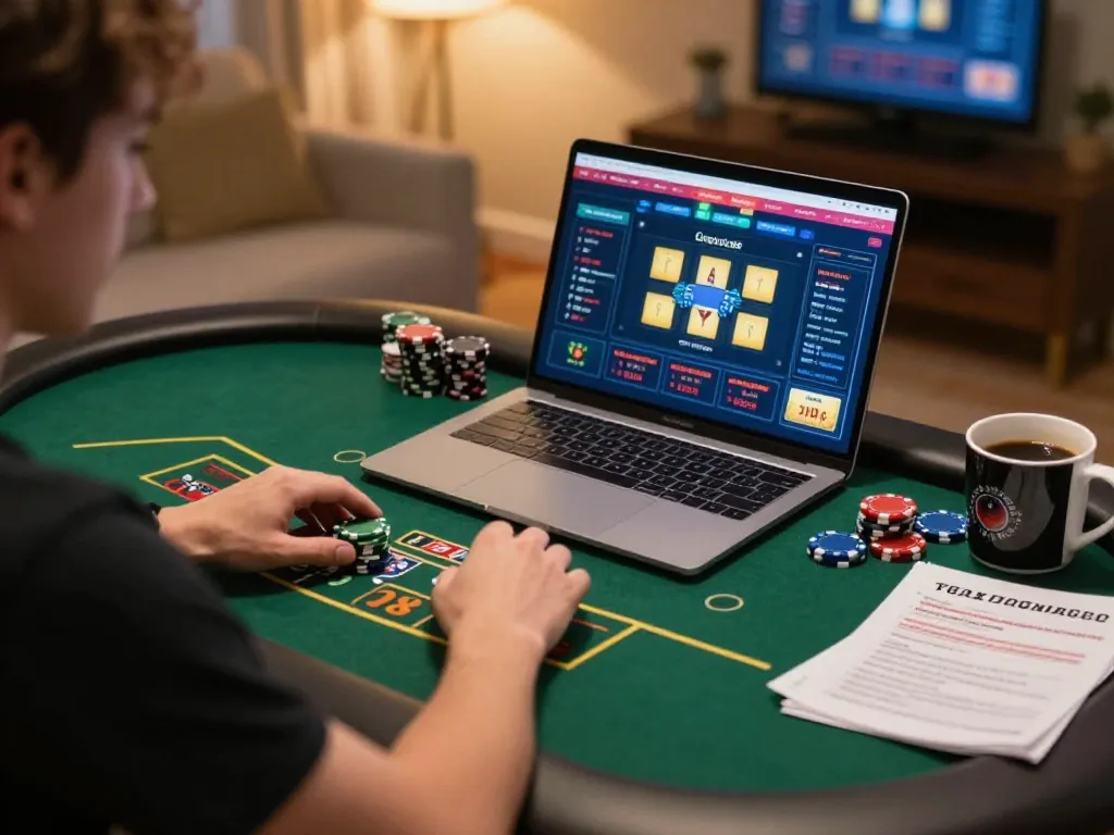 Players enjoying online Blackjack on B52club in a cozy home setting with strategic notes.