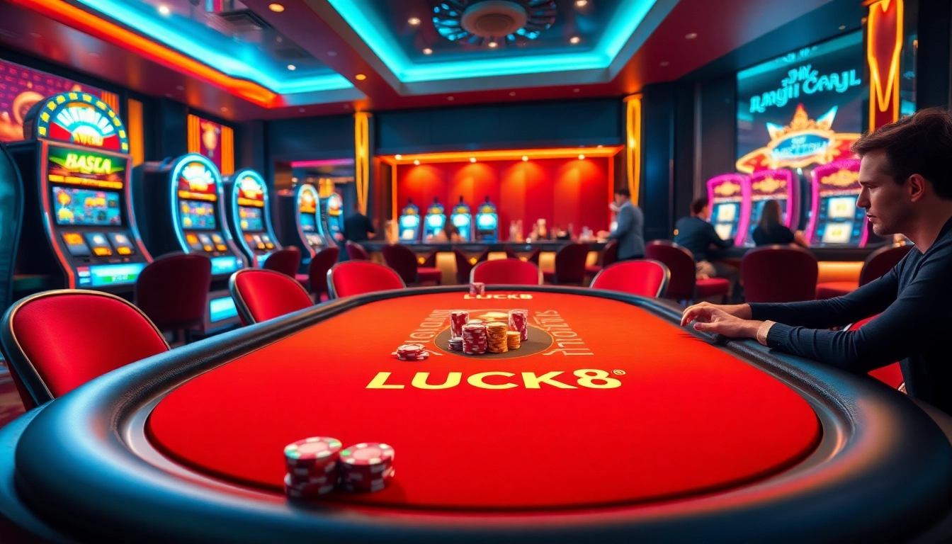 Experience the excitement of LUCK8 at a vibrant casino poker table with players and chips.