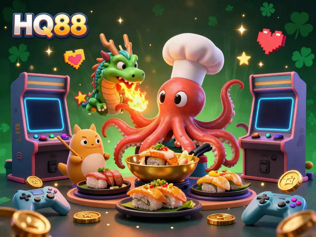 Experience the vibrant energy of HQ88 with an octopus chef, dragon, and tanuki in a dynamic casino scene.